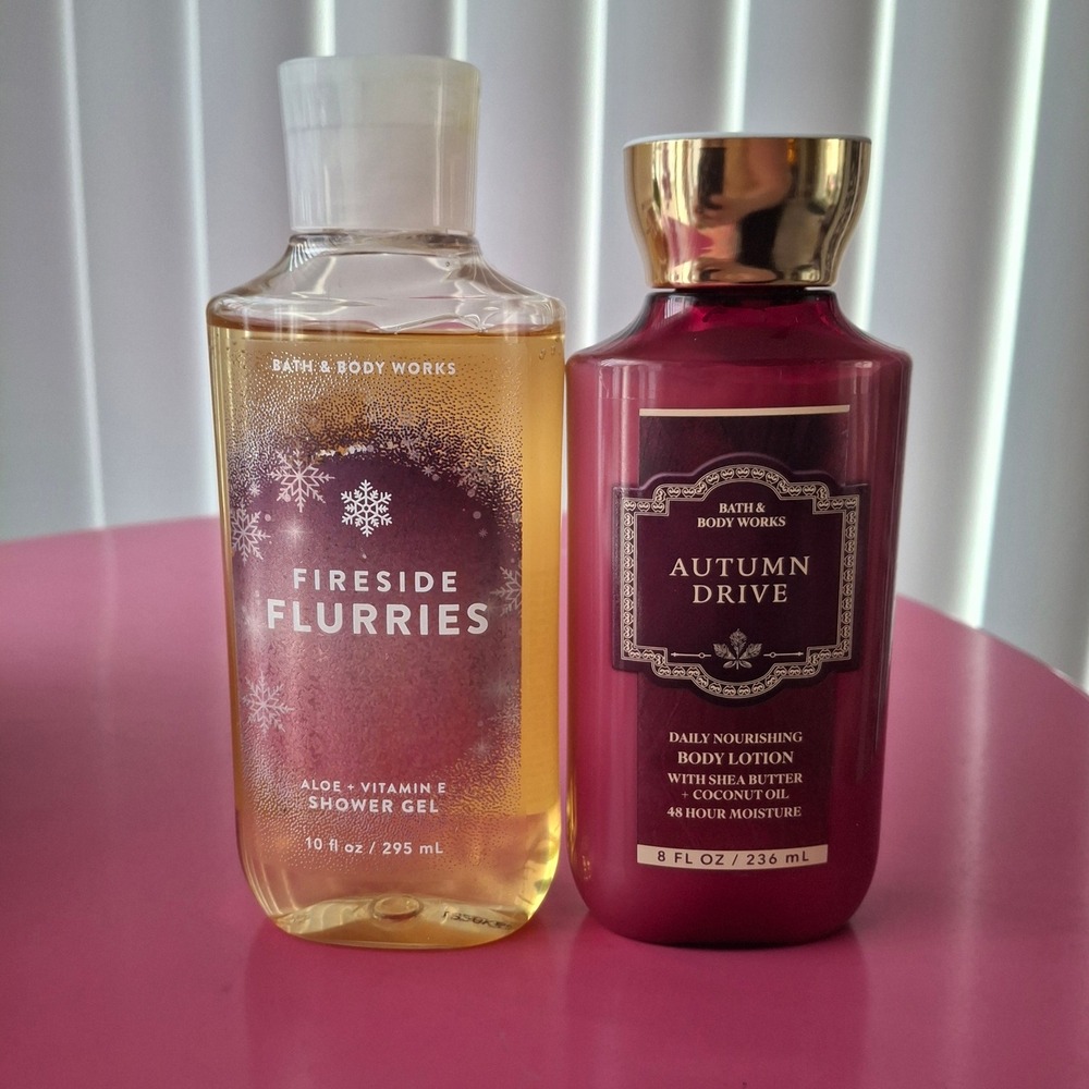 Bath & Body Works AUTUMN DRIVE Lotion & FIRESIDE FLURRIES Shower Gel Set